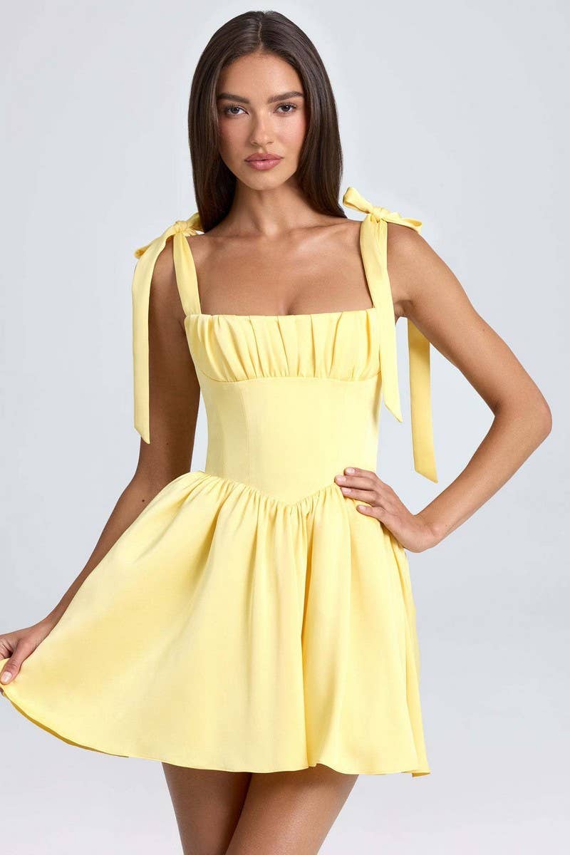 CWDSD8121_SQUARE NECK HIGH WAIST PLEATED BOW SLIP DRESS