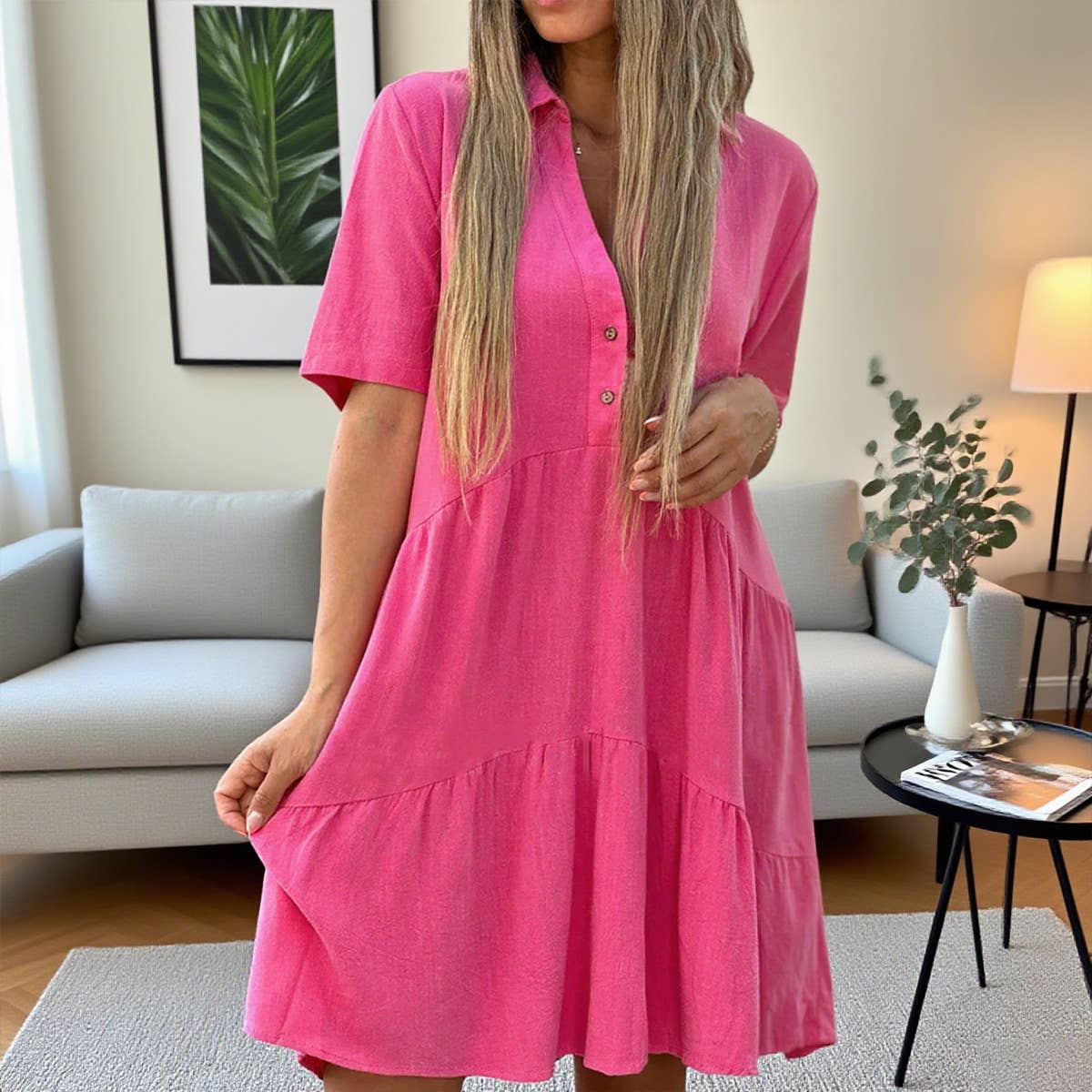 Loose solid color lapel short sleeve linen dress