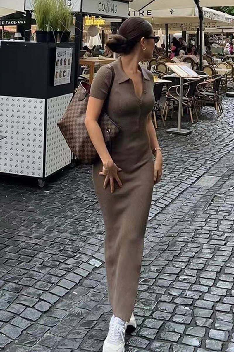 CWDMD4900_SOLID COLOR LAPEL SHORT SLEEVE SLIT DRESS