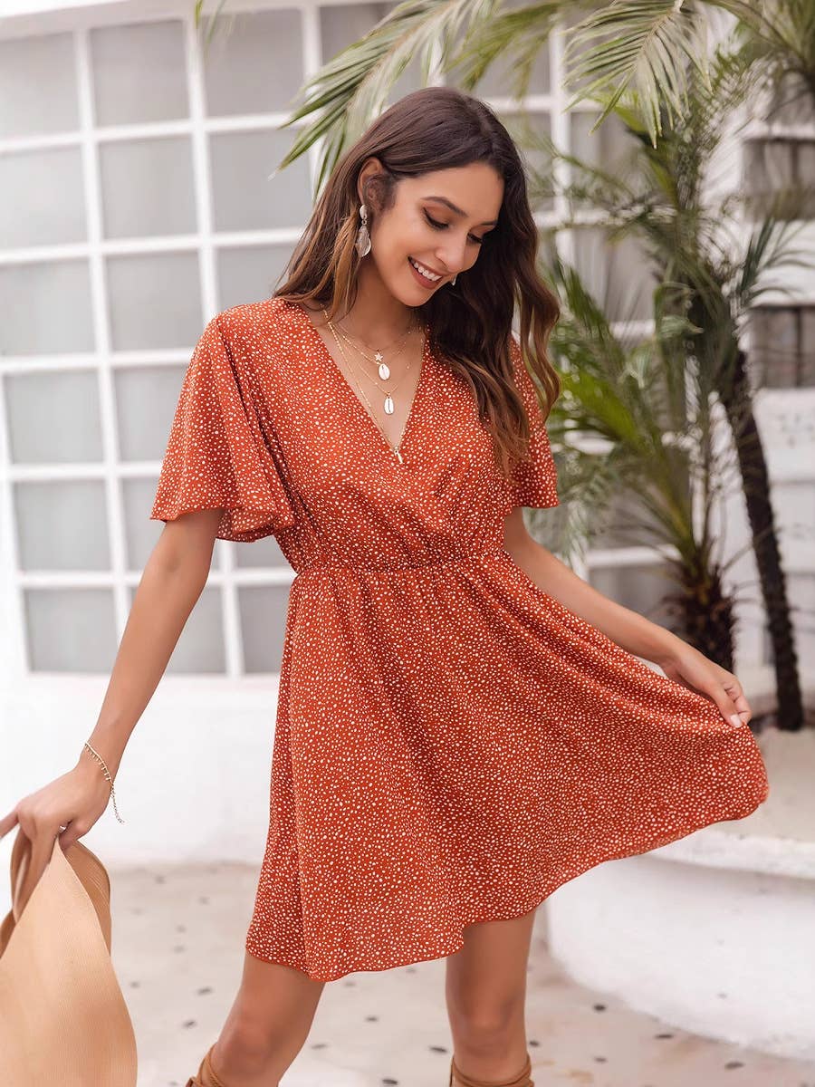 printed high-waisted loose V-neck short dress