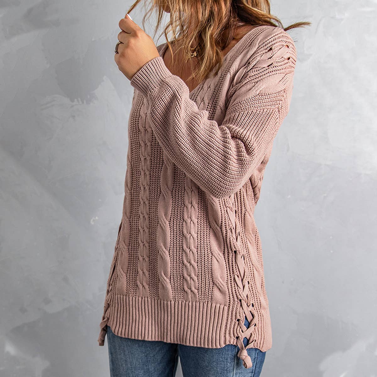 Knit lace solid color V-neck long-sleeved pullover sweater