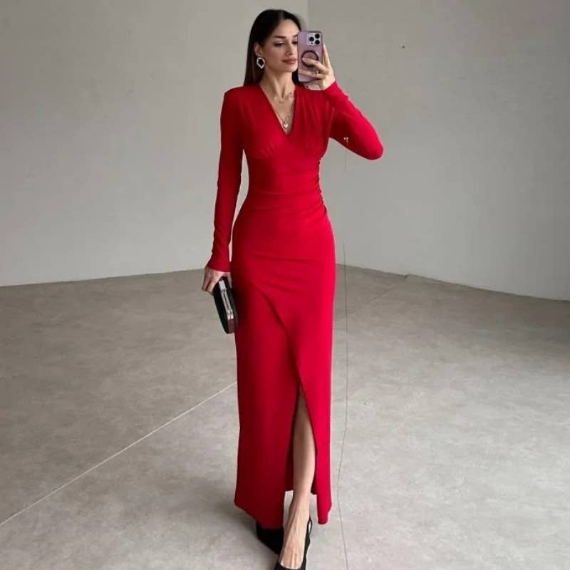 STYLISH V-NECK SLIM-FIT HIGH-WAISTED SLIT DRESS