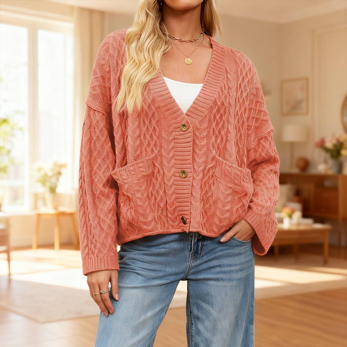 Twist loose pure color single-breasted cardigan