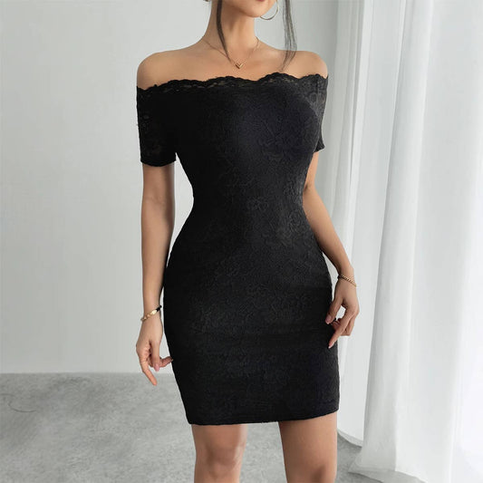 One-shoulder collar, form-fitting, elegant dress