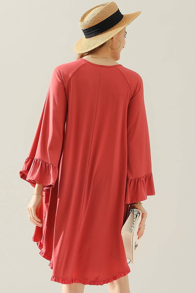 CWDSD10406_RUFFLE DETAIL LONG SLEEVE DRESS WITH SIDE POCKET