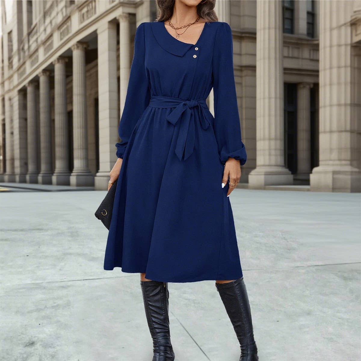 Irregularly collared button long-sleeved dress