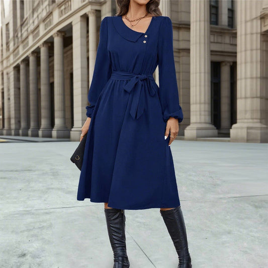 Irregularly collared button long-sleeved dress