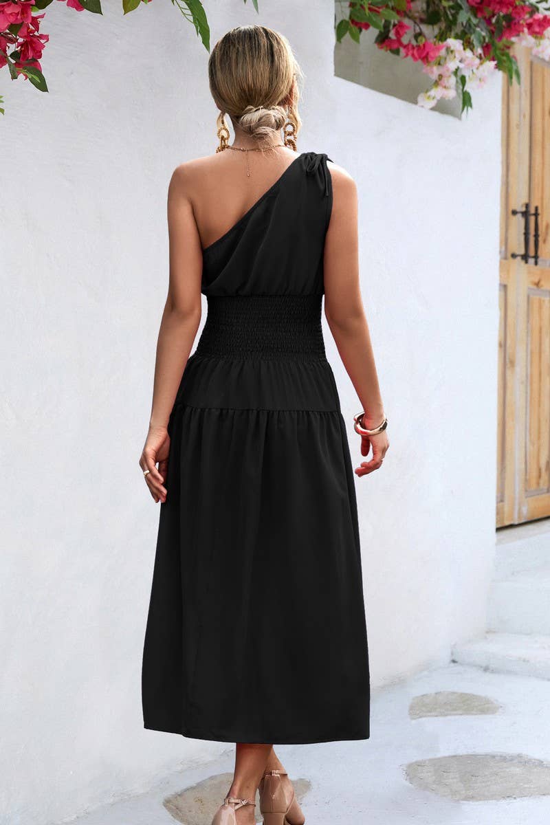 CWDMD2774_SOLID ONE SHOULDER PLEATED MIDI DRESS