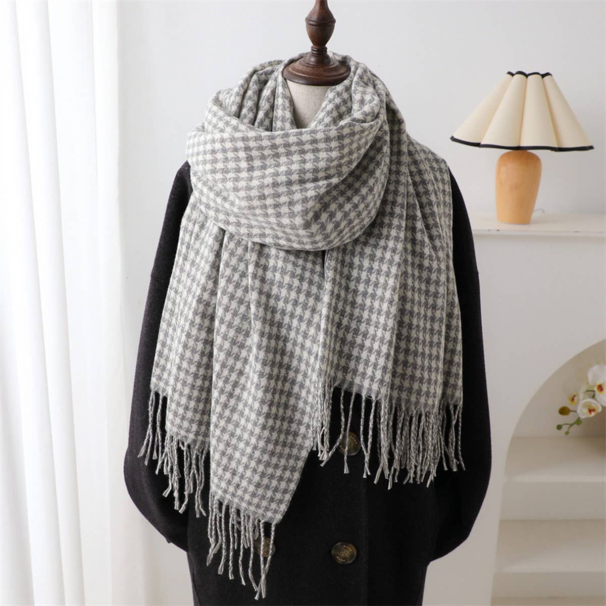 Vintage Houndstooth Faux Cashmere Scarf-Long Wrap