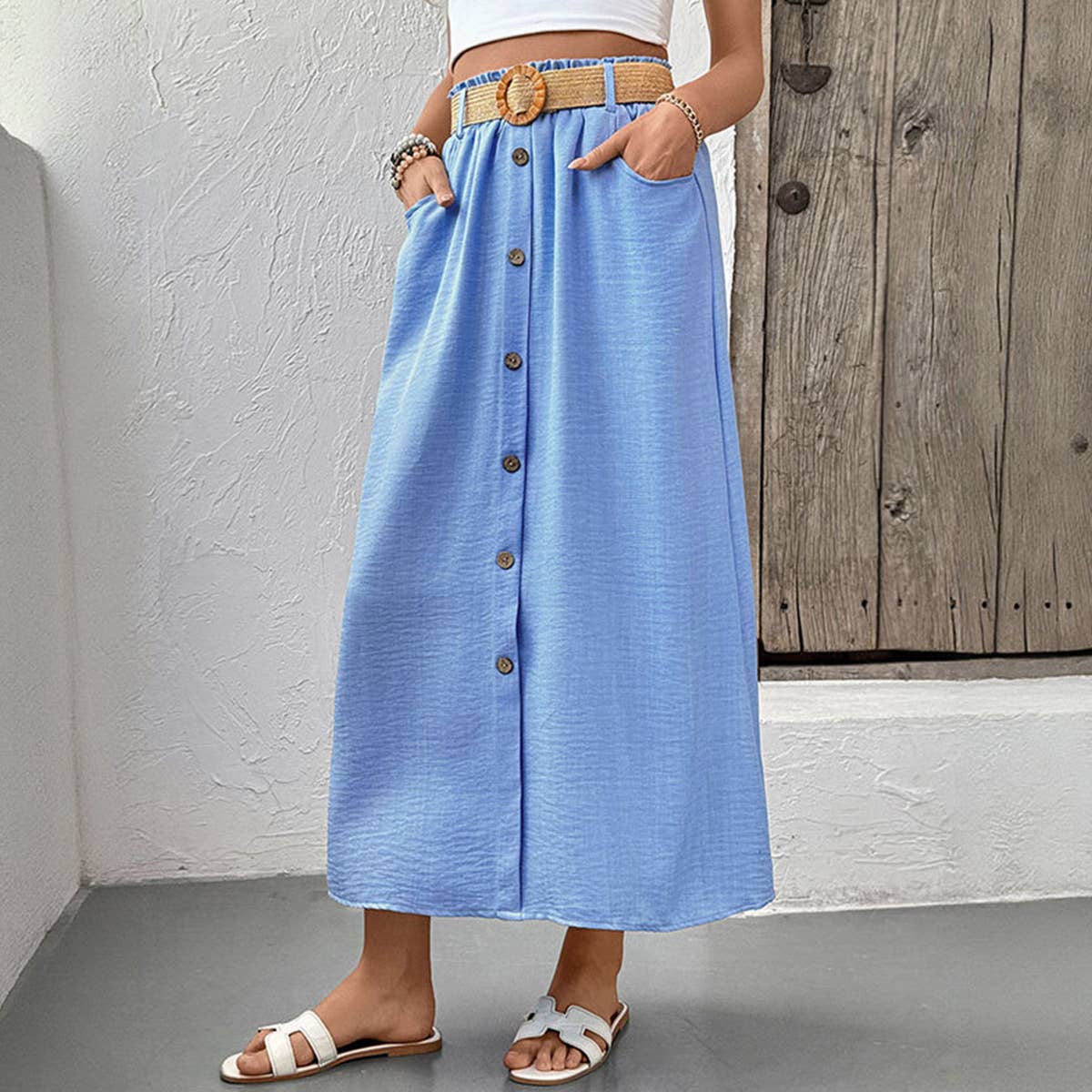 Single-breasted buttons loose straight skirt