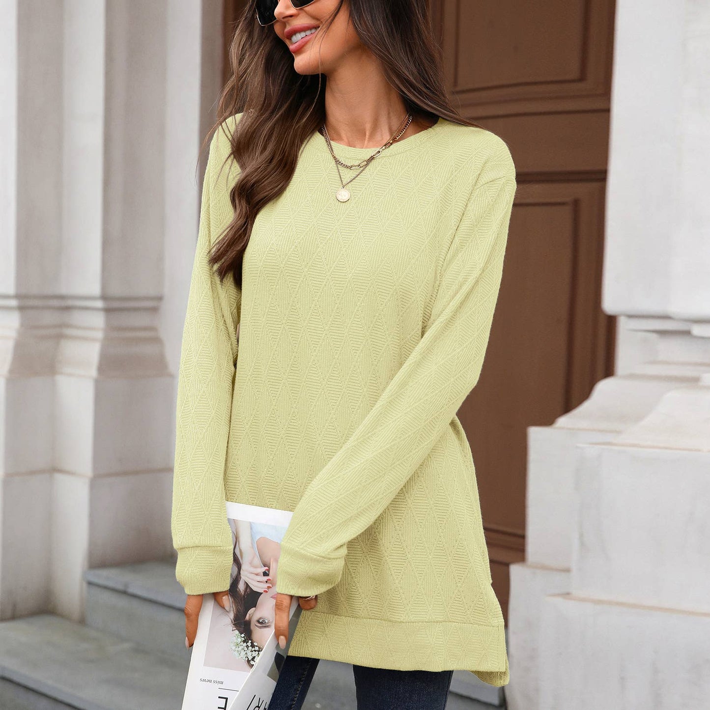 Round-neck knitted jacquard long-sleeved T-shirt