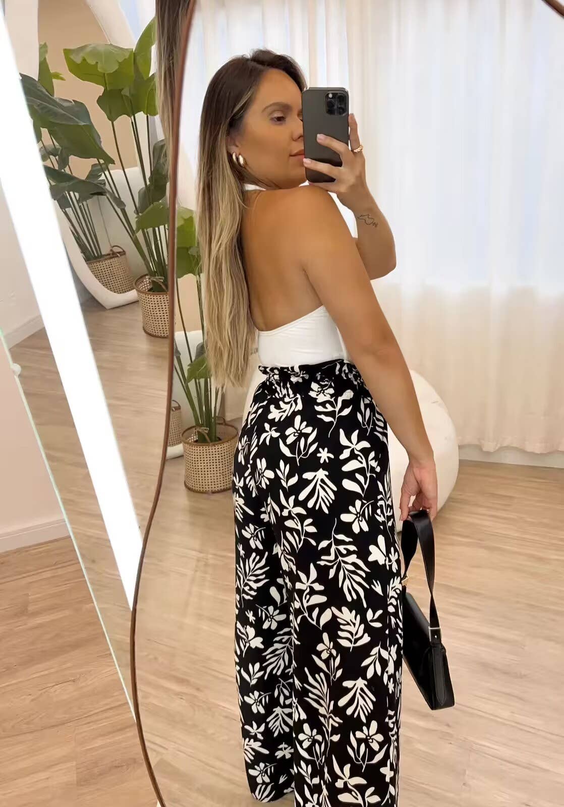 PRINTED ELASTIC WAIST LOOSE STRAIGHT LEG TROUSERS