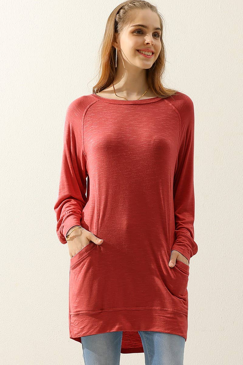 Cwttl1491_R Neck Long Sleeve Slub Long Knit Top With Pockets