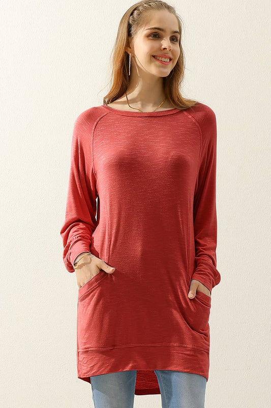 Cwttl1491_R Neck Long Sleeve Slub Long Knit Top With Pockets