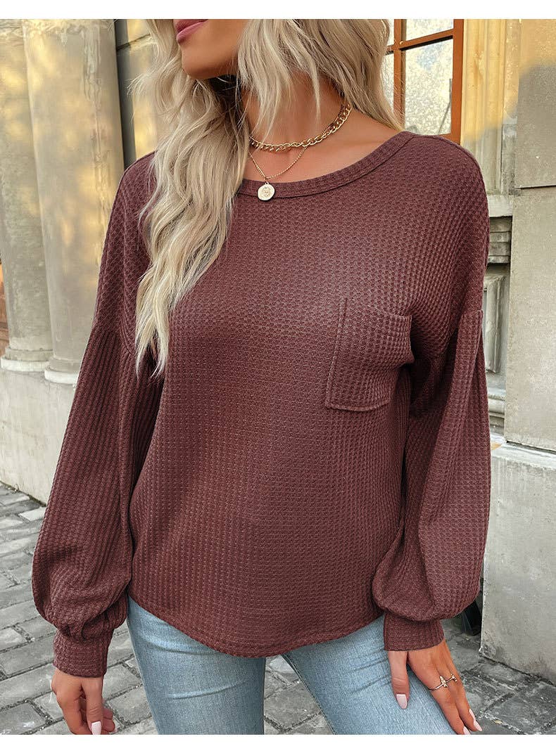 Lantern-shaped long-sleeved backless waffle top