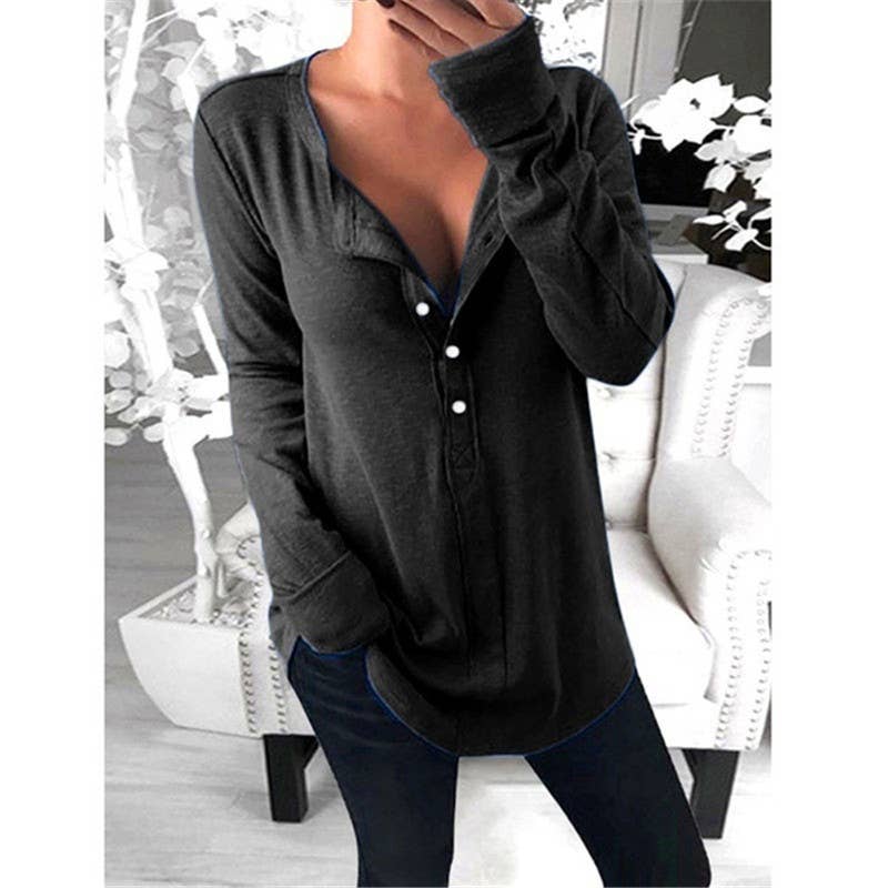 LONG SLEEVE TOP V NECK SOLID COLOR BUTTON UP TOP