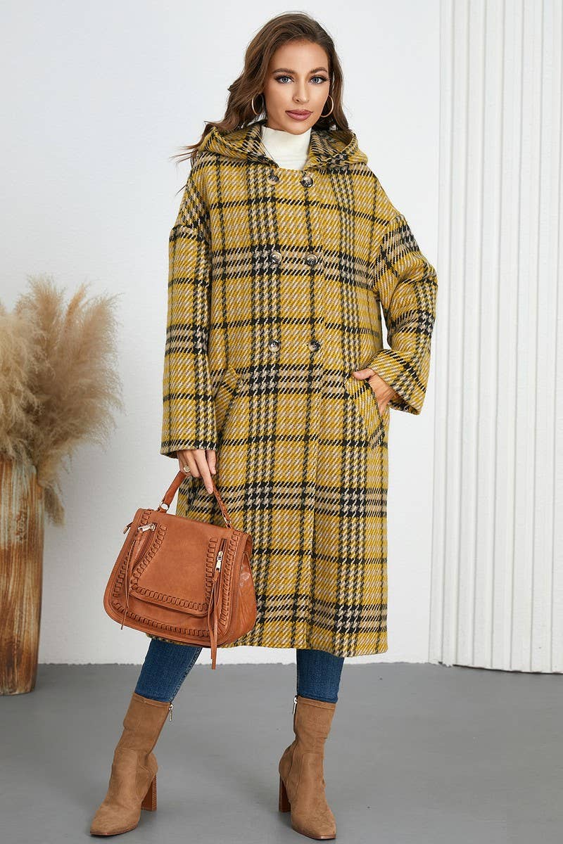 CWOCO0942_DOUBLE-BREASTED PLAID LAPEL LONG HOODED COAT