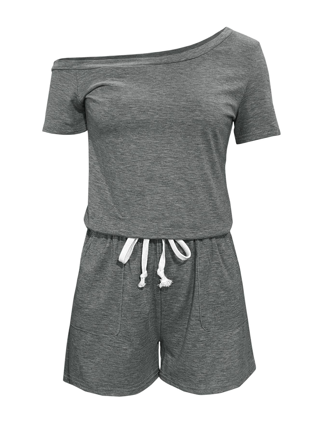 Off-the-shoulder short-sleeved lace-up jumpsuit