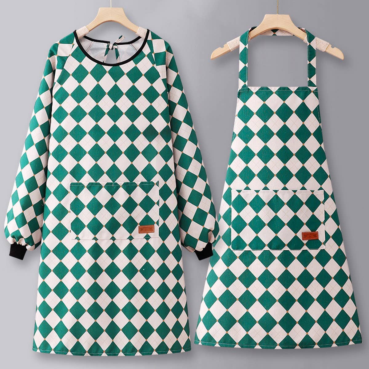 Checkered Cotton Long Sleeve Kitchen Work Apron _CWMM6693