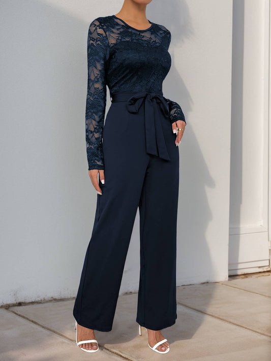 SOLID COLOR JUMPSUIT LACE PATCHWORK ZIPPER