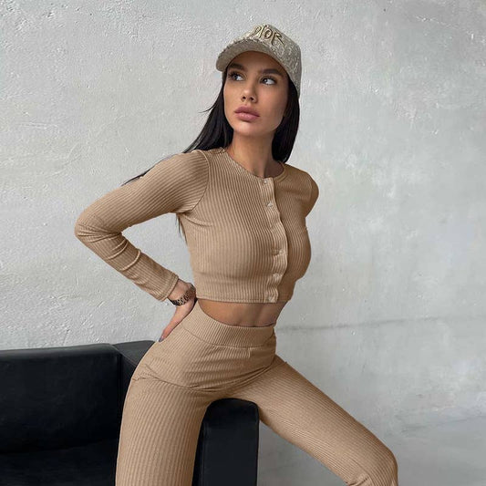 SHORT LONG-SLEEVE TOP AND PANTS FLARED PANTS SUIT