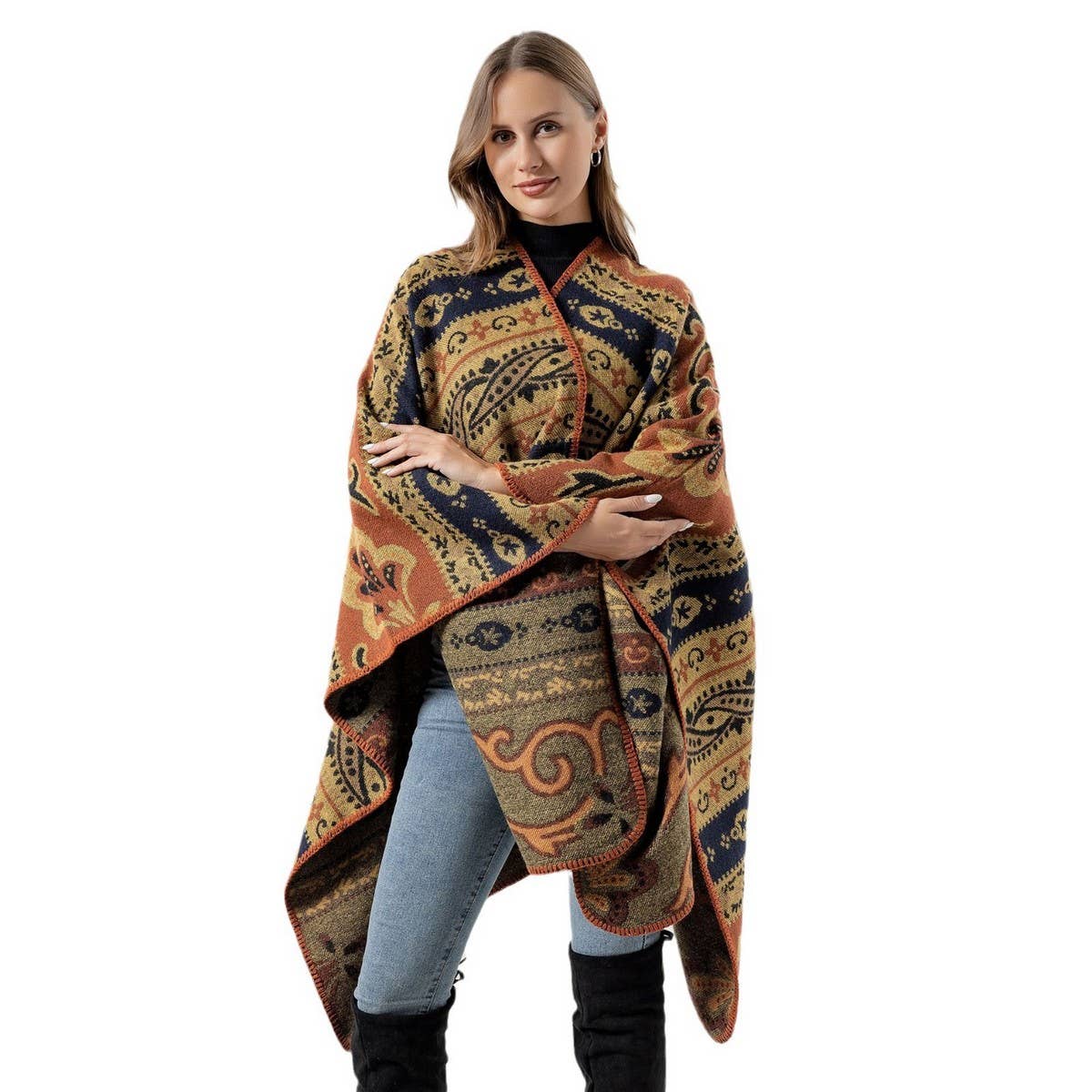 SHAWL FAUX CASHMERE JACQUARD SLIT CAPE SCARF