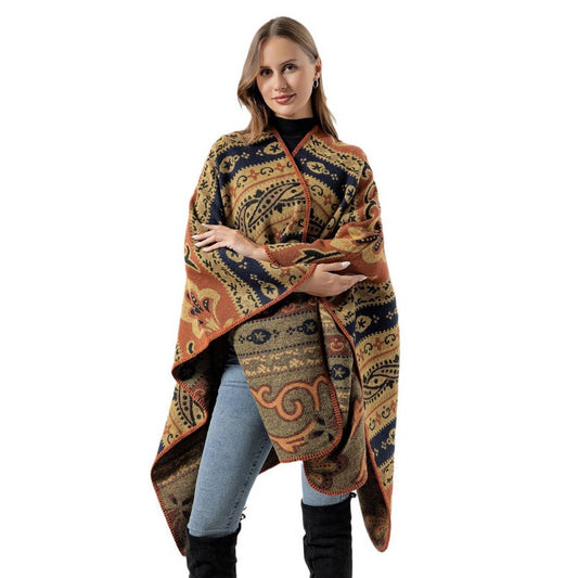 SHAWL FAUX CASHMERE JACQUARD SLIT CAPE SCARF