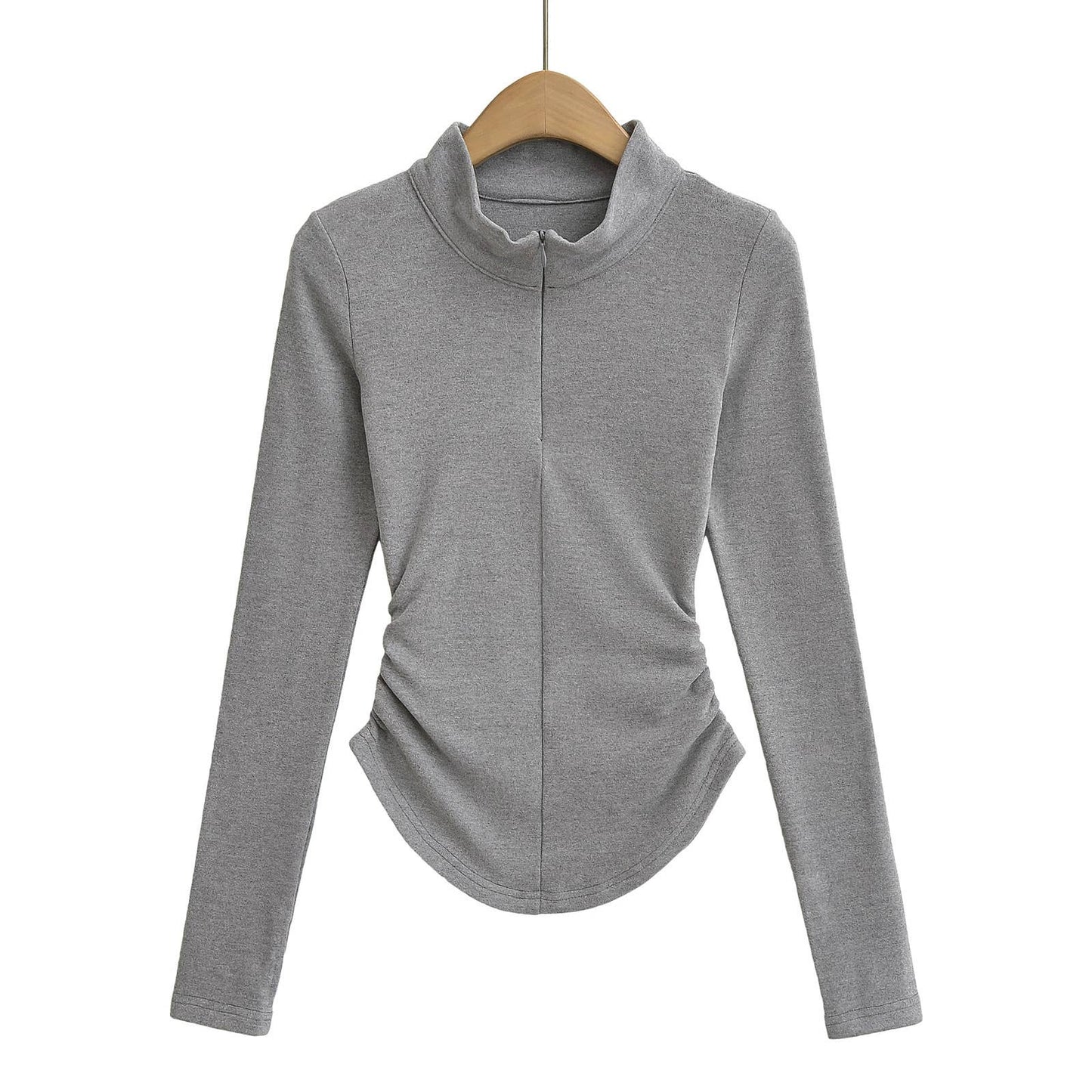 VELVET STAND COLLAR ZIPPER SOLID COLOR BASE SHIRT