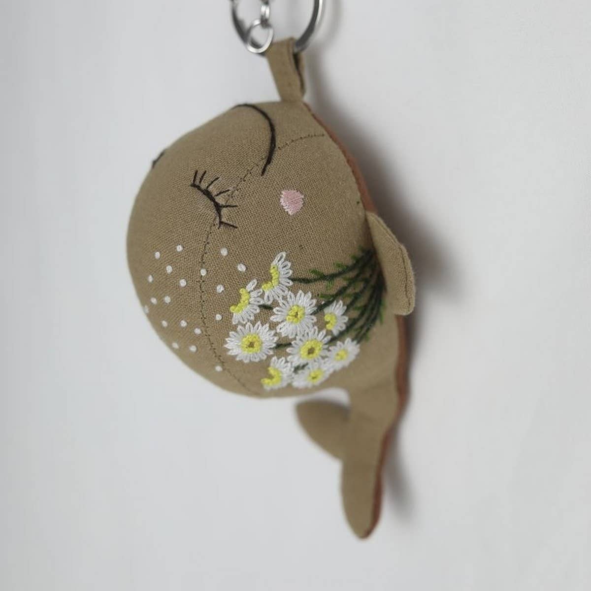 Hand-Embroidered White Flower Whale Plush Charm