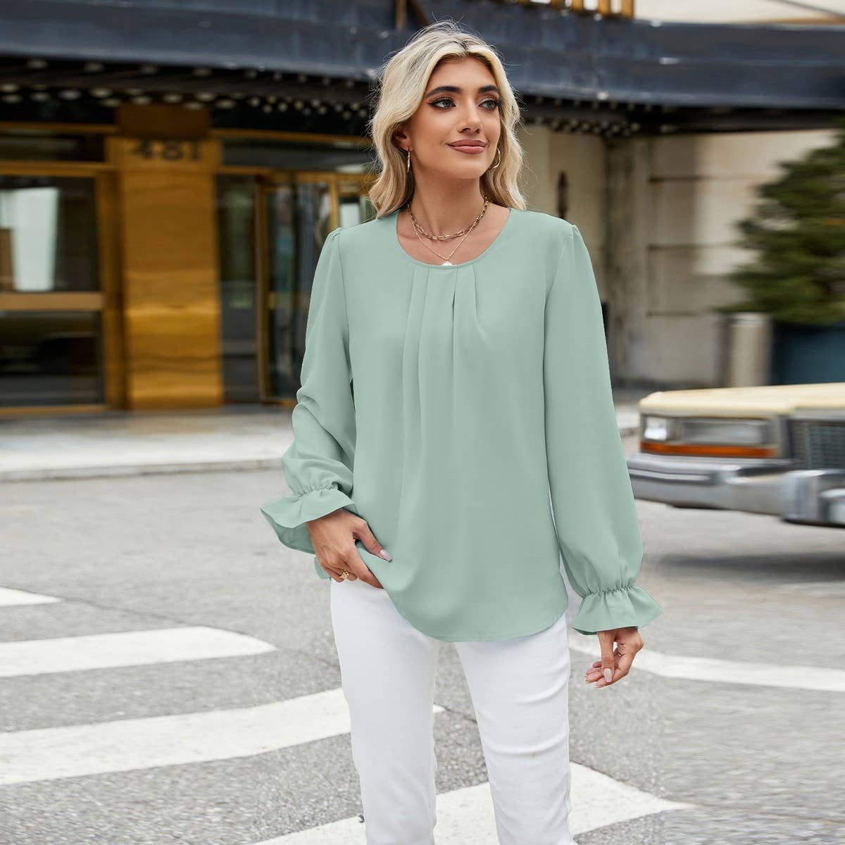 Solid color crew-neck long-sleeved loose chiffon