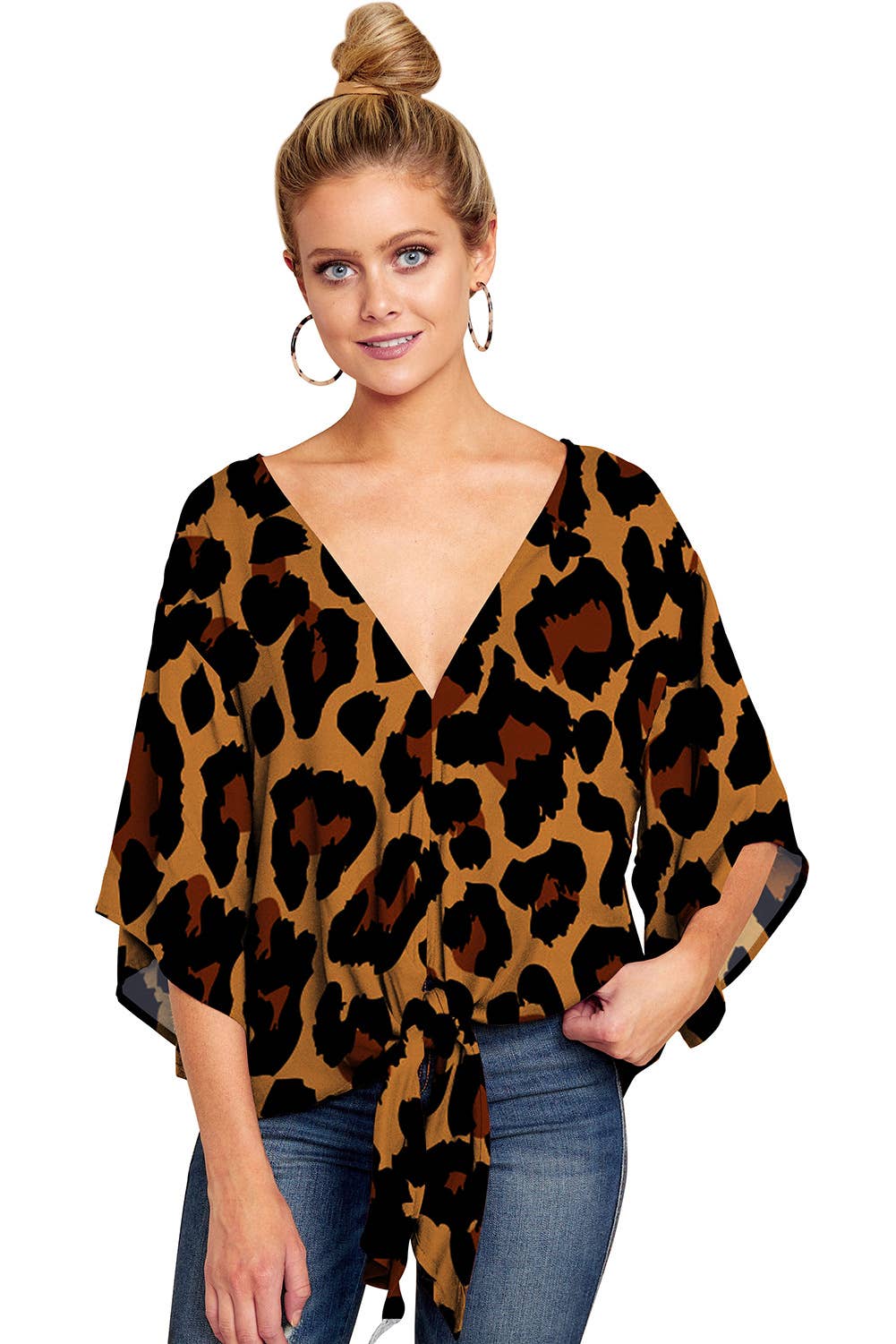 V-neck knotted printed loose sleeved top