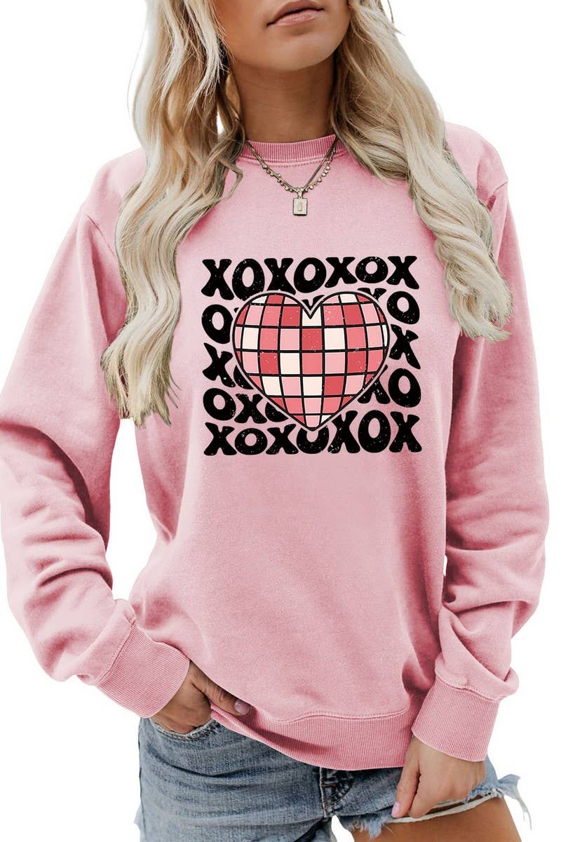 VALENTINE DAY XO PLAID HEART PRINT SWEATSHIRT_CWTSTL0981