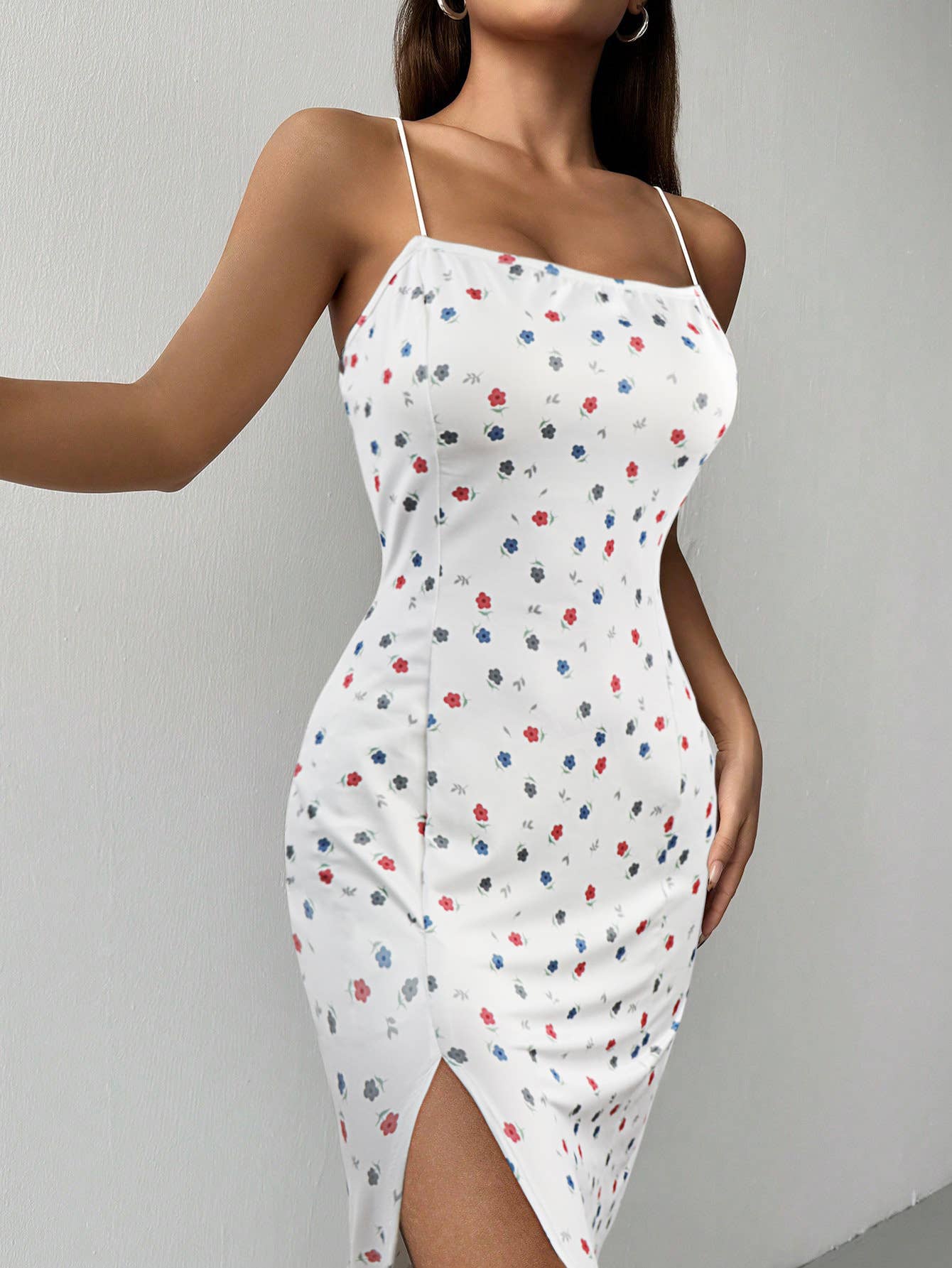 Polka dot printed square collar halter dress