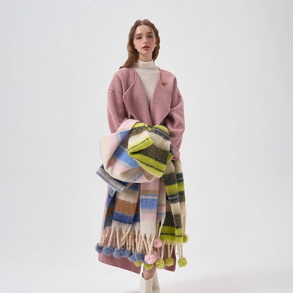 Cozy Colorblock Stripe Pom-Pom Scarf for Winter