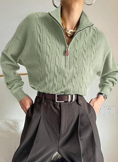 Semi-high neck zipper ribbed twist knit sweater