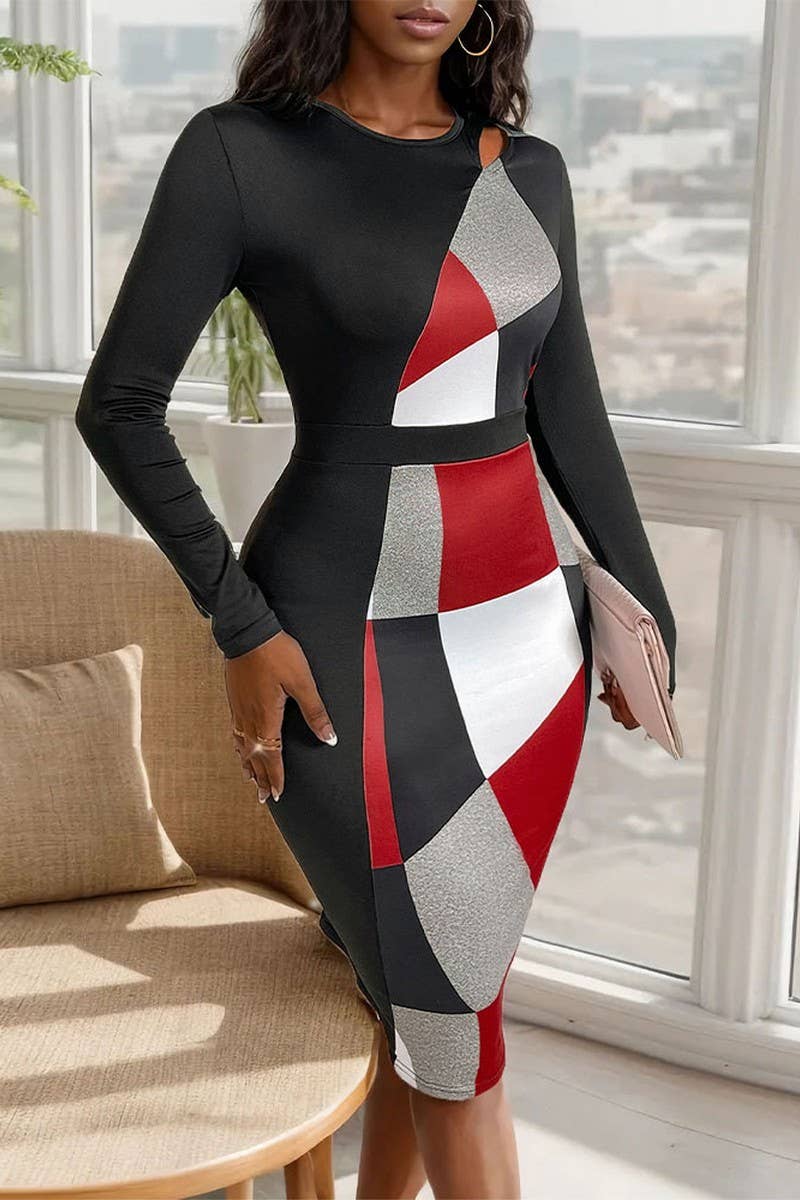 CWDSD5369_GEOMETRIC HIGH WAIST LONG SLEEVE DRESS