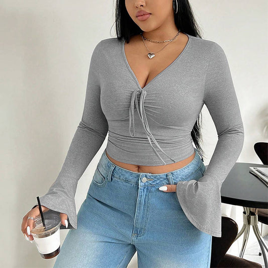 V-neck long-sleeved T-shirt pure slim short top