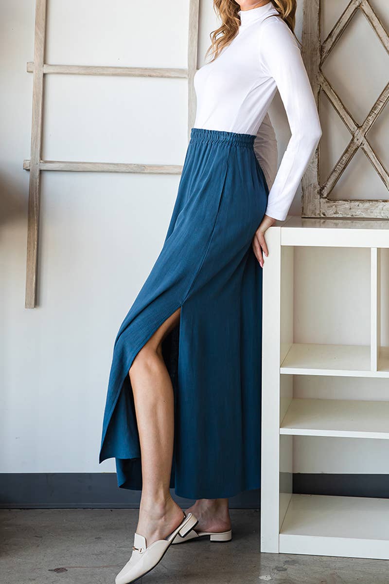 Solid color high waist drop long slit skirt