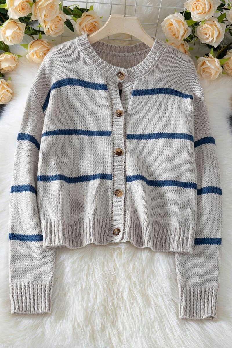 CWOCAL2363_STRIPED LOOSE KNIT CARDIGAN SWEATER