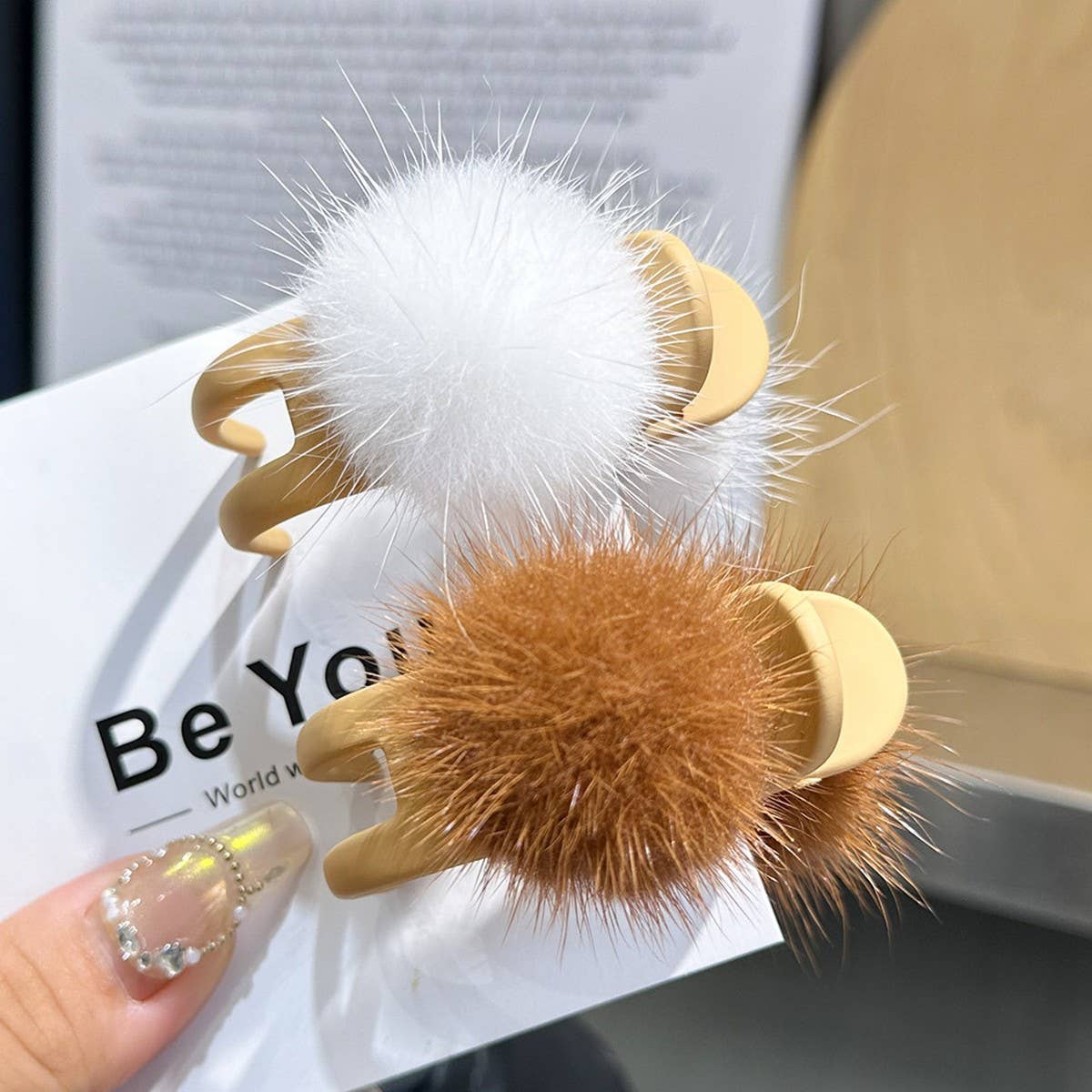 Mink Fur Ball Hair Claw - Cute Winter Fluffy Clip