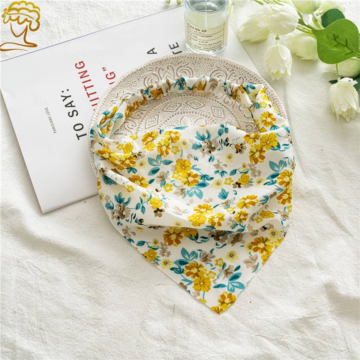 FLORAL PASTORAL STYLE TURBAN WITH ELASTIC BANDANA_CWAHA0847