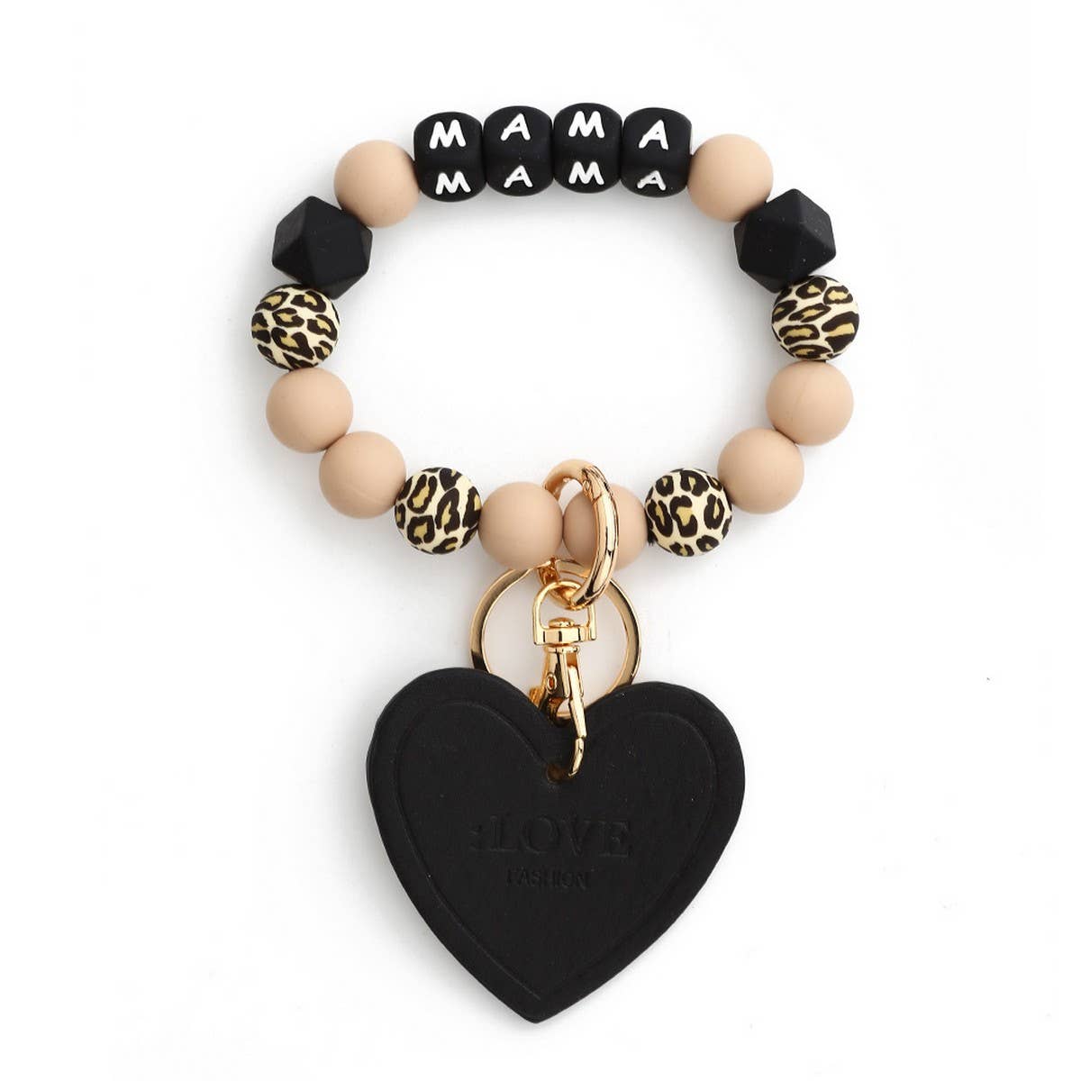 Leopard Print Silicone Bead Heart Bracelet Keychain_CWAB5018