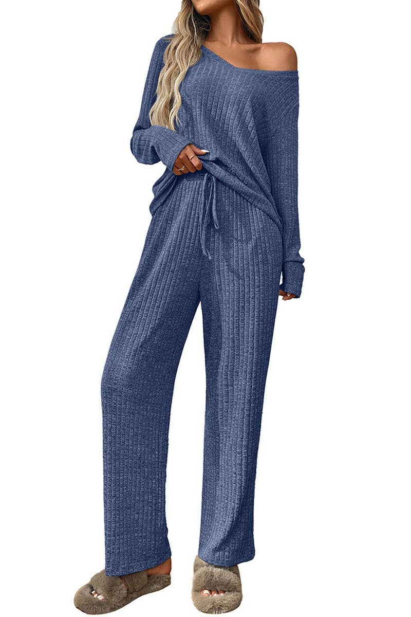 CWOSWL07636_RIBBED PAJAMA SET WOMEN LONG SLEEVE TOP AND PANT