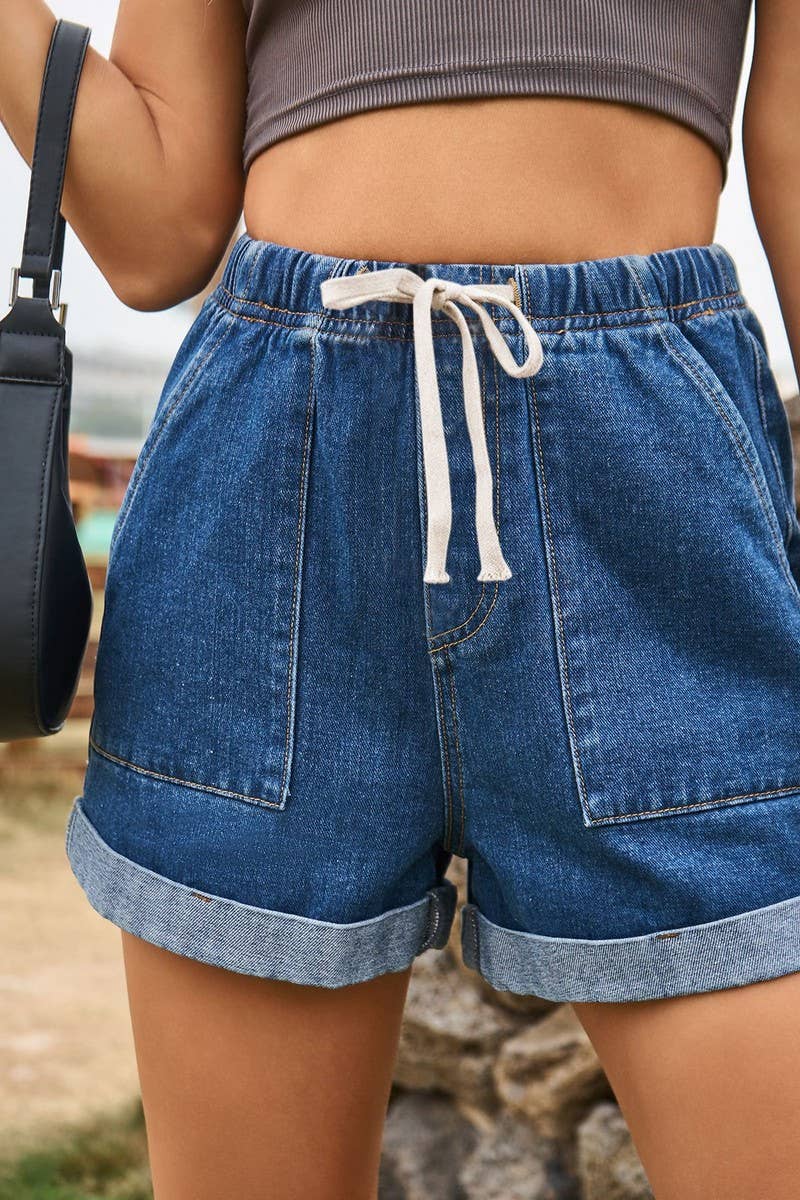 CWJS00039_ELASTIC WAIST CASUAL ROLLED-UP DENIM SHORTS