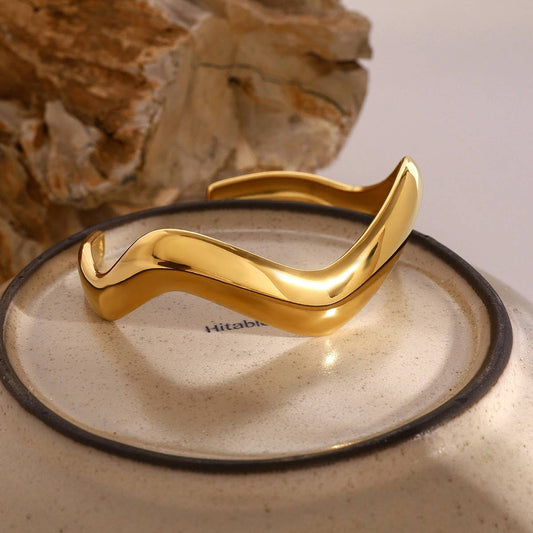 Minimalist Wavy Polished Open Cuff in 18K Steel