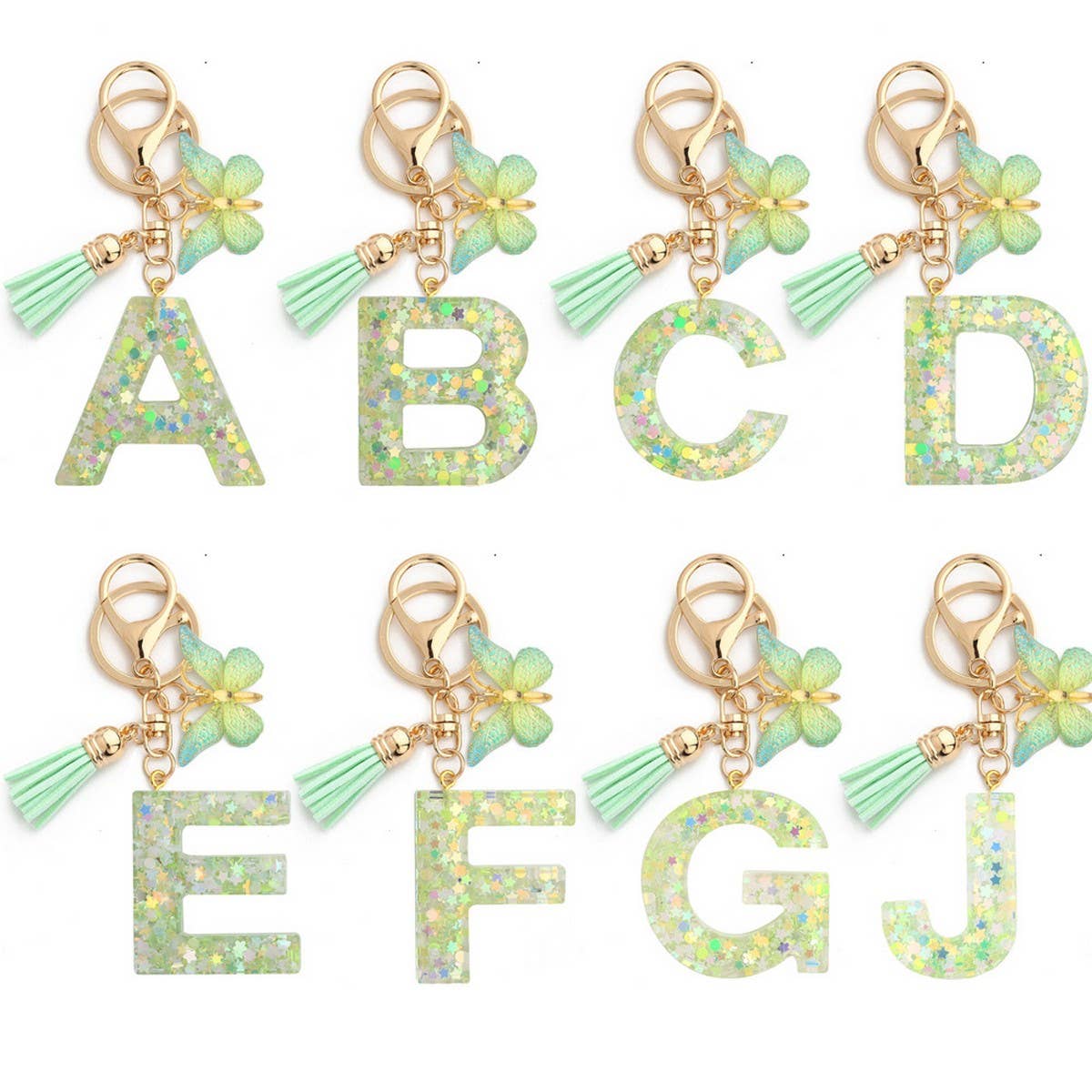 Green Butterfly Resin Letter Keychain with Glitter_CWAB5079