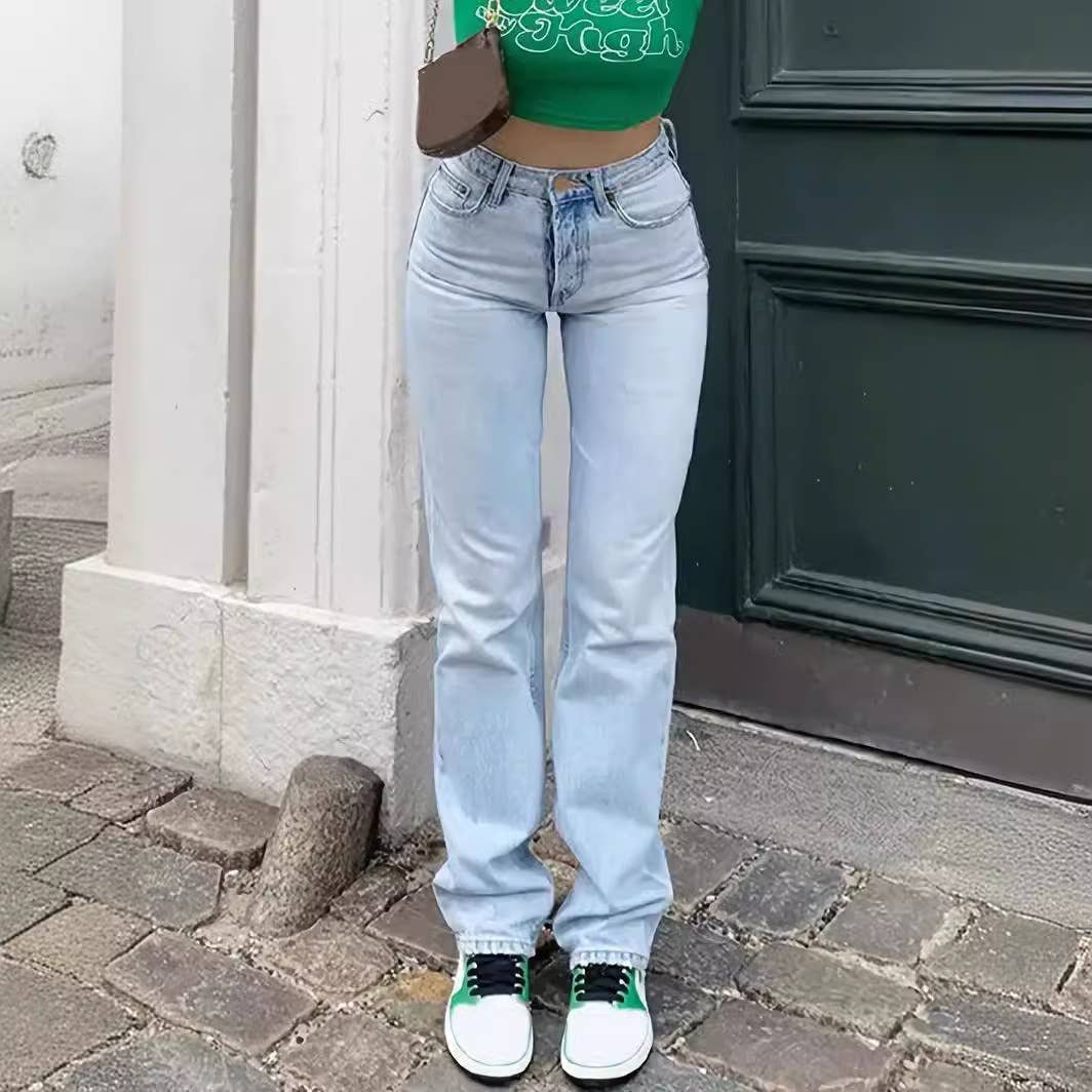 Casual high-waisted design washed denim trousers