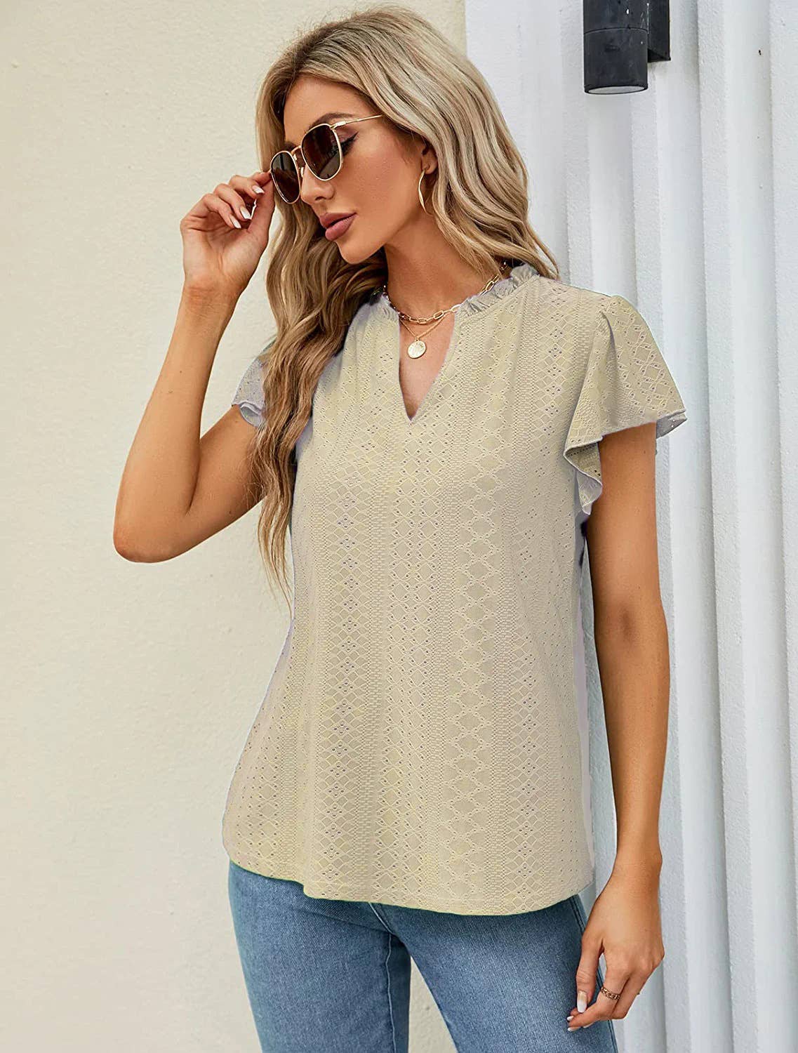 JACQUARD V-NECK STACK SLEEVE T-SHIRT TOP