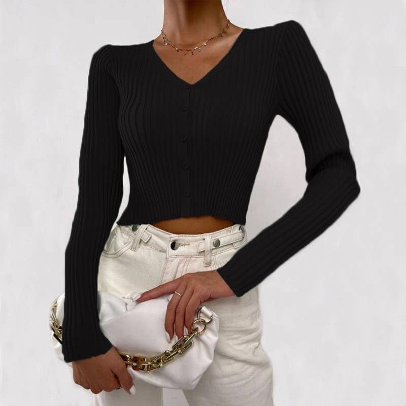 V-NECK PIT STRIP SINGLE BREASTED SHORT CARDIGAN