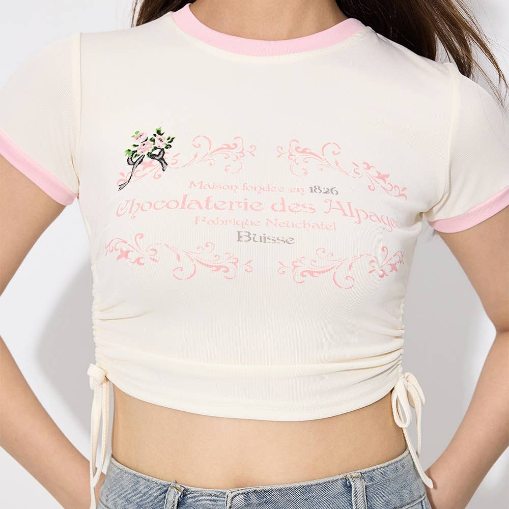 Printed Round Neck Drawstring Short T-Shirt